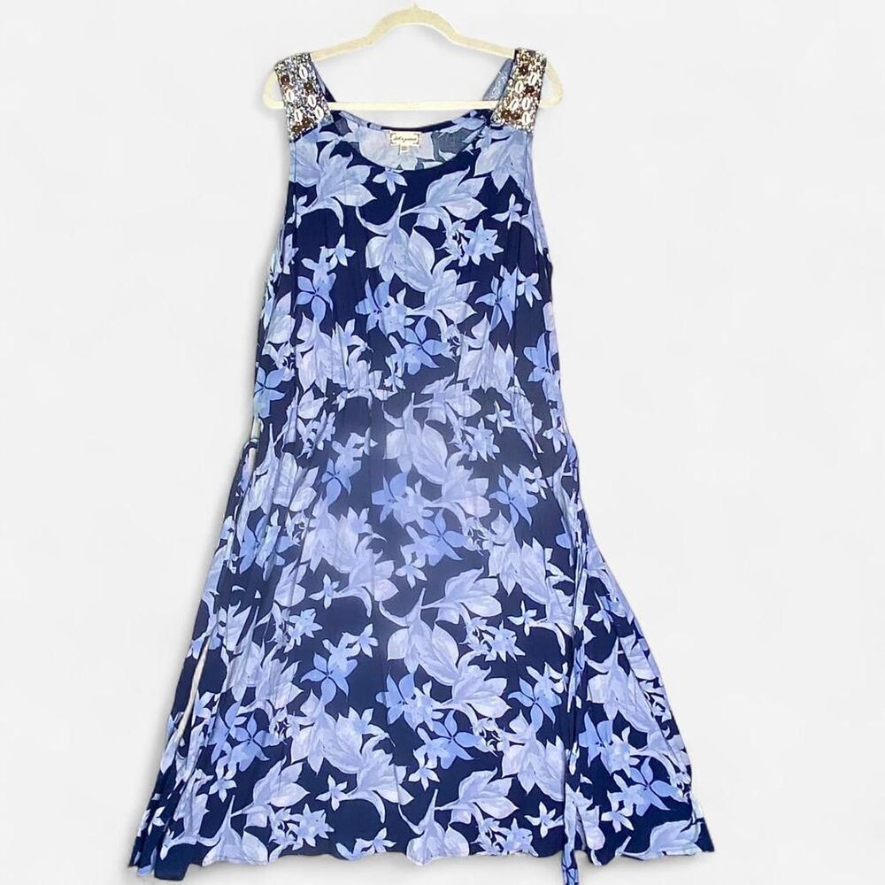 Cloth & Portrait Light Blue and Navy floral Dress Shell Embellished Straps. XXL